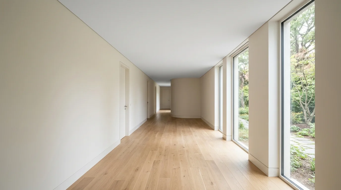 A clean, finished residential hallway with smooth walls, a tidy floor, and a completely closed, smooth ceiling, lit by natural daylight.