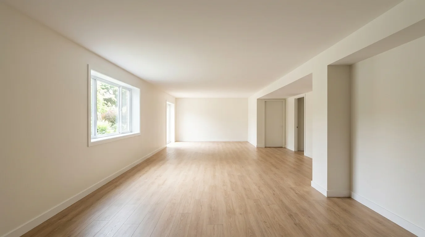 An empty, clean, finished basement with smooth, closed ceiling and neutral walls, lit by daylight.
