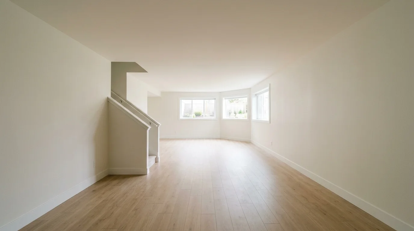 An empty finished basement with neutral walls and a smooth, closed ceiling, illuminated by natural daylight.