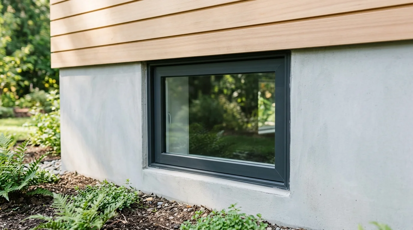 A tightly cropped exterior view of a closed house window meeting a smooth, well-maintained foundation, bathed in natural daylight.