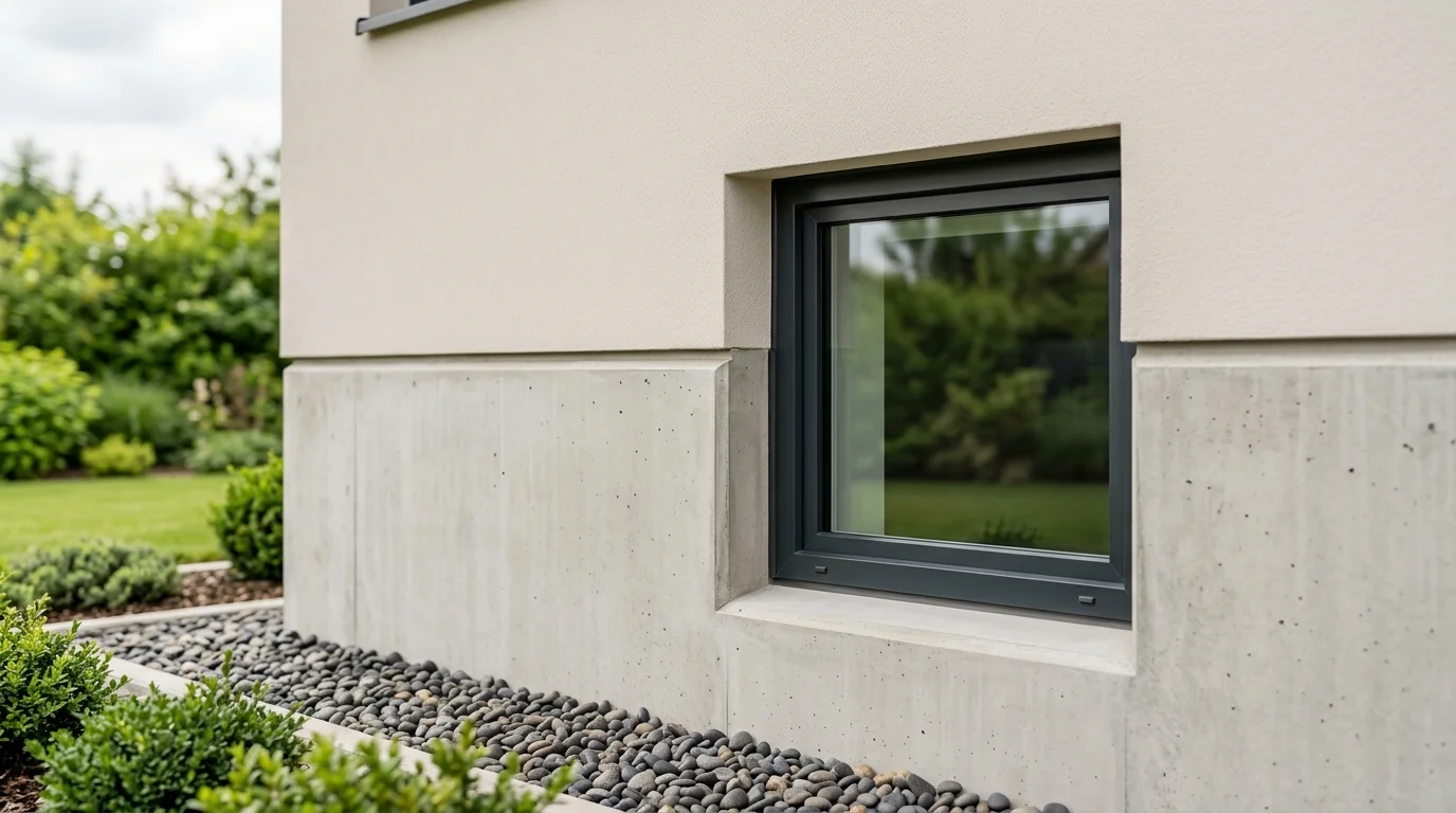 A tightly cropped detail of a closed window in a clean, smooth house foundation, illuminated by daylight.