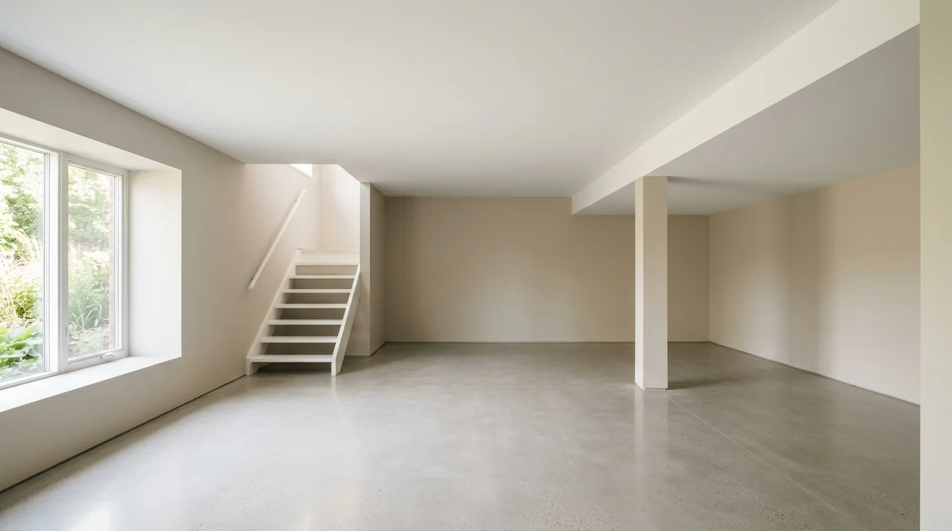An empty, finished basement with smooth walls, a clean floor, and a completely closed, smooth ceiling, illuminated by natural daylight.