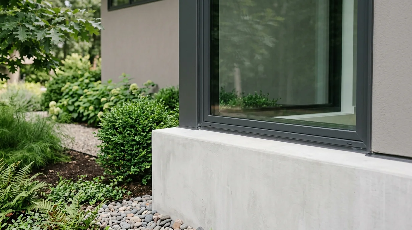 A tightly cropped exterior view of a closed window meeting a clean, solid foundation wall, under natural daylight.