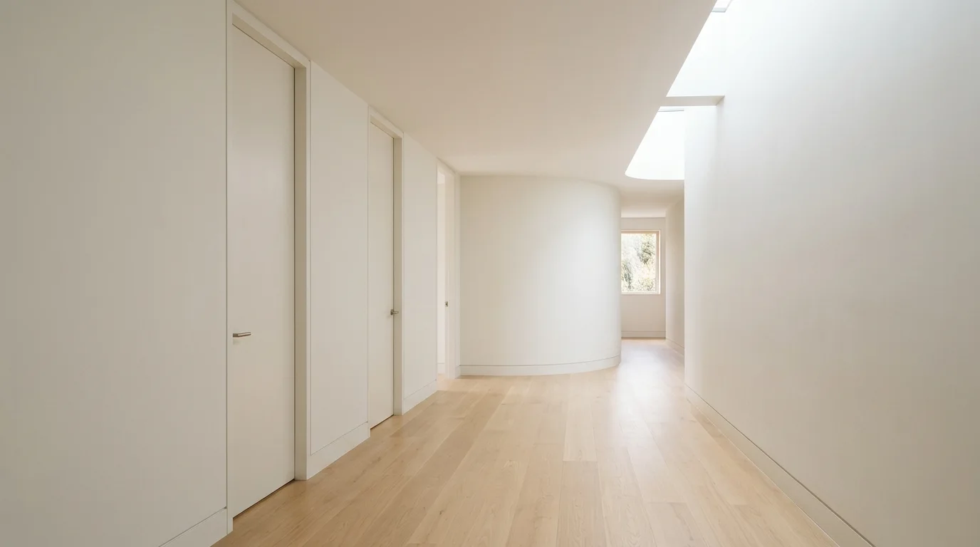 A clean, finished residential hallway with a smooth, closed ceiling and neutral walls, lit by daylight.