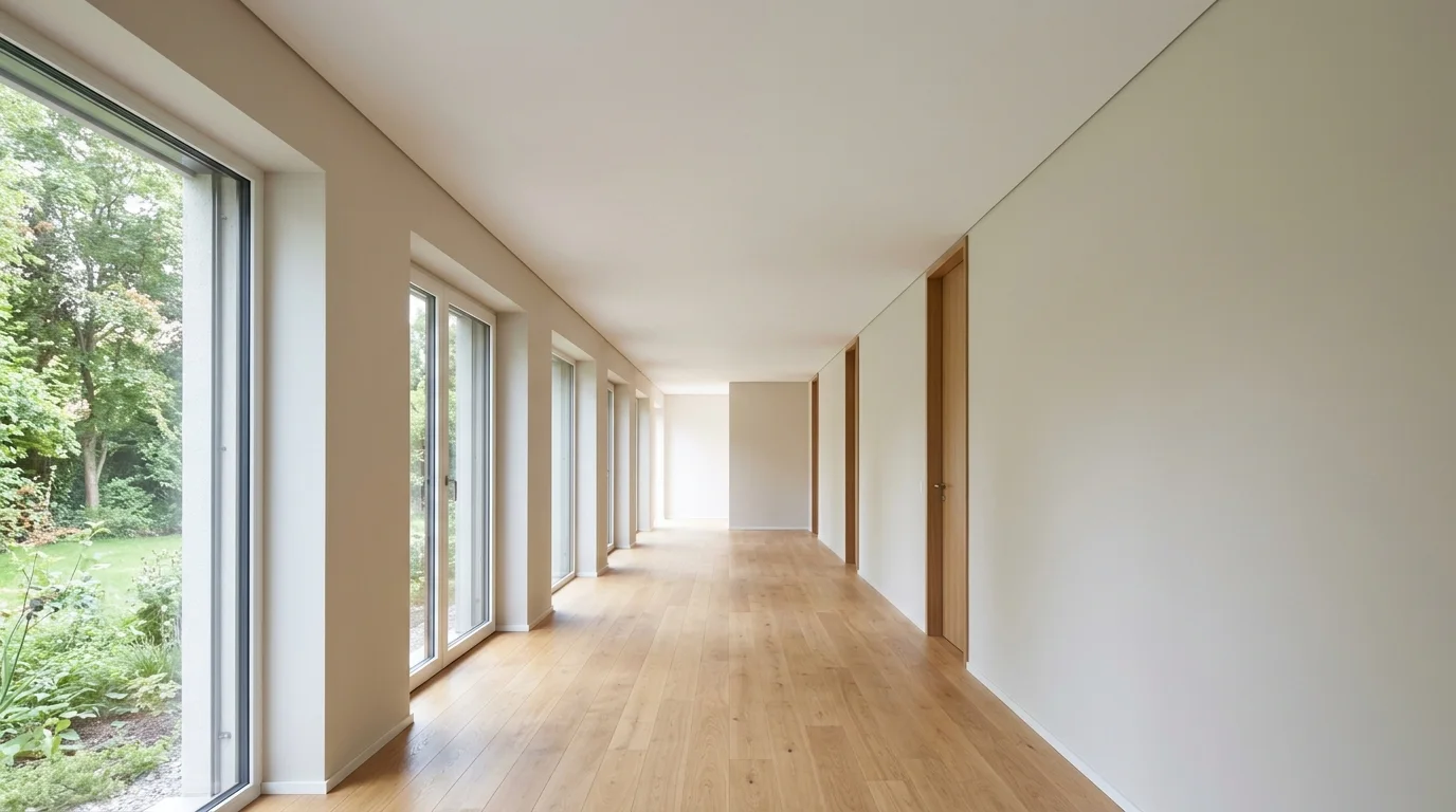A well-lit, empty finished hallway with smooth walls and a seamless, closed ceiling, bathed in natural daylight.
